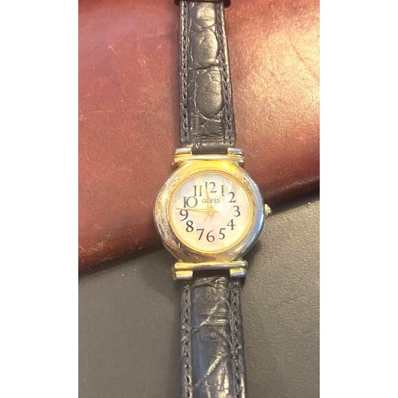 VTG women\'s 27mm Gold Tone Guess Watch,, MOP Face, Black Leather Band